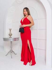 Elegant Long Dress With Deep V-Neckline, Side Slit And Tie Back For Chic Luxury Parties - Đỏ - Xem 2