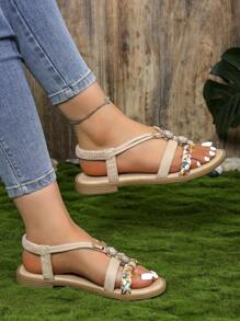 波西米亞風格青少年休閒平底涼鞋,時尚涼鞋,沙灘鞋 - 米色 - 查看 5