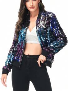 Womens Sequin Long Sleeve Front Zip Jacket With Ribbed Cuffs Bomber For Party - Midnight - View 1