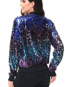 Womens Sequin Long Sleeve Front Zip Jacket With Ribbed Cuffs Bomber For Party - Midnight - View 2