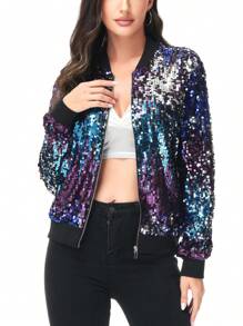 Womens Sequin Long Sleeve Front Zip Jacket With Ribbed Cuffs Bomber For Party - Midnight - View 4