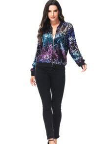 Womens Sequin Long Sleeve Front Zip Jacket With Ribbed Cuffs Bomber For Party - Midnight - View 5