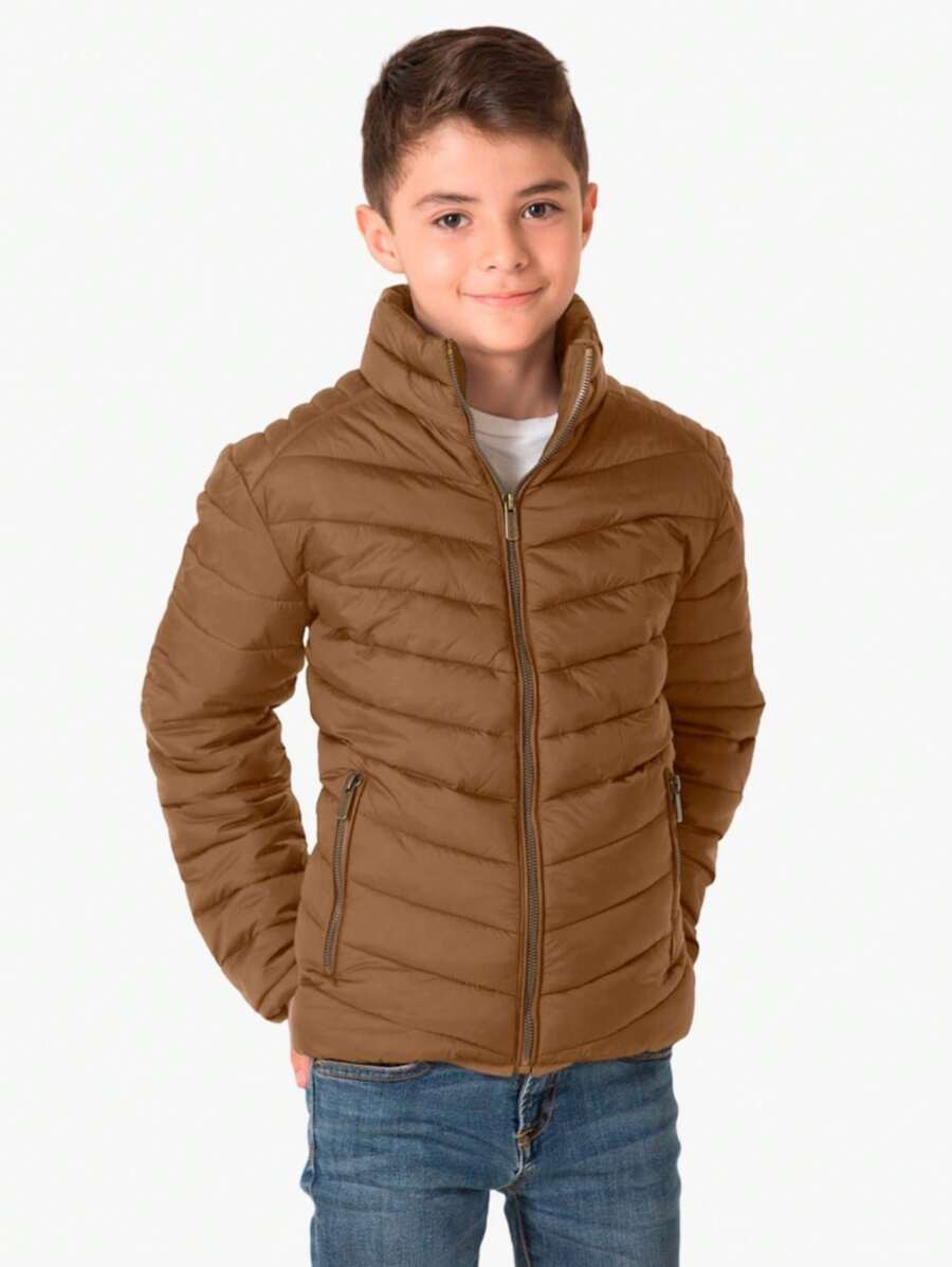 Chamarra Chaqueta Juvenil con Estilo de Calle para Niños Pequeños con Cremallera Cuello Alto Puños y Dobladillo con Elastico al Tono Adecuada para cualquier Ocasion para uso Diario Casual Peluche Interno Moda - Camel - Ver 1