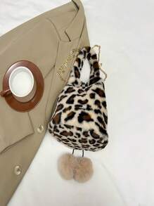 女士豹纹毛绒抽绳链条水桶包，高端大容量单肩包，毛绒绒手提包，配化妆包和手机钱包，秋冬 - 彩色 - 查看 13