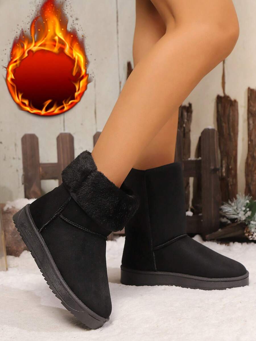 全新女士时尚圆头绒面绒面毛绒衬里平底雪地靴，轻便防滑中筒靴 - 黑色 - 查看 1