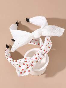 2 Băng đô tai thỏ in họa tiết dâu tây cho nữ, nơ vải tươi tối giản - Nhiều màu - Xem 4