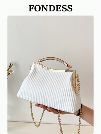 1 pieza Bolso de hombro texturizado blanco, bolso de mano de piel de poliuretano fruncido con rayas y correa de cadena, de moda para uso diario, citas, regalos, eventos nocturnos de mujeres