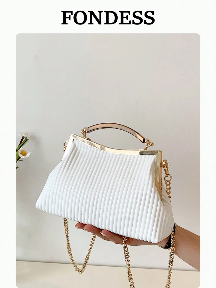 1pc White Textured Shoulder Bag, Striped Ruched PU Leather Chain Strap Clutch Handbag, Fashionable For Women's Daily Use, Date, Gift, Evening Event - White - View 1