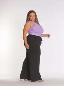 PLUS SIZE PANTS, WIDE LEG, HIGH WAIST WITH ELASTIC DUNA FABRIC - 黑色 - 查看 5