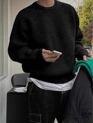 Maglione lavorato a maglia leggero e ampio con motivo strutturato, design casual unisex, adatto per autunno e inverno, top a maniche lunghe