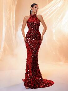 Rotes ärmelloses Maxikleid mit Rückenausschnitt und Pailletten, Abendkleid, Hochzeitsgast-Kleid, Festkleid - Rot - Übersicht 5