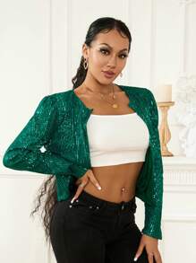 Women Sequin Jacket Solid Color Long Sleeve Open Front Crop Cardigan For Club Party - Dark Green - View 6