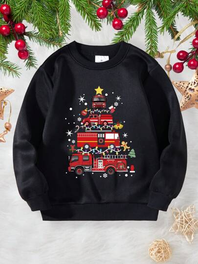 Felpa girocollo con stampa grafica di un camion dei pompieri natalizio per ragazzo