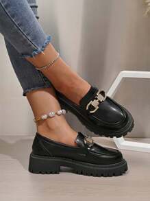 女士黑色一脚蹬厚底复古时尚日常休闲平底鞋，适合所有季节 - 黑色 - 查看 3