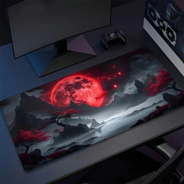 Tapis de souris Lune de sang Design artistique esthétique Tapis de bureau Accessoires de bureau avec bord cousu Base antidérapante en caoutchouc Tapis de clavier Taille 35,4 x 15,7 pouces Tapis de bureau pour jeux électroniques, bureau, maison, retour à l'école