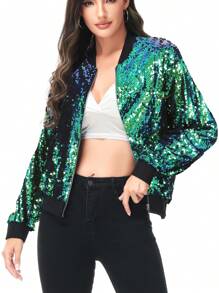 Womens Sequin Long Sleeve Front Zip Jacket With Ribbed Cuffs Bomber For Party - Green - View 1