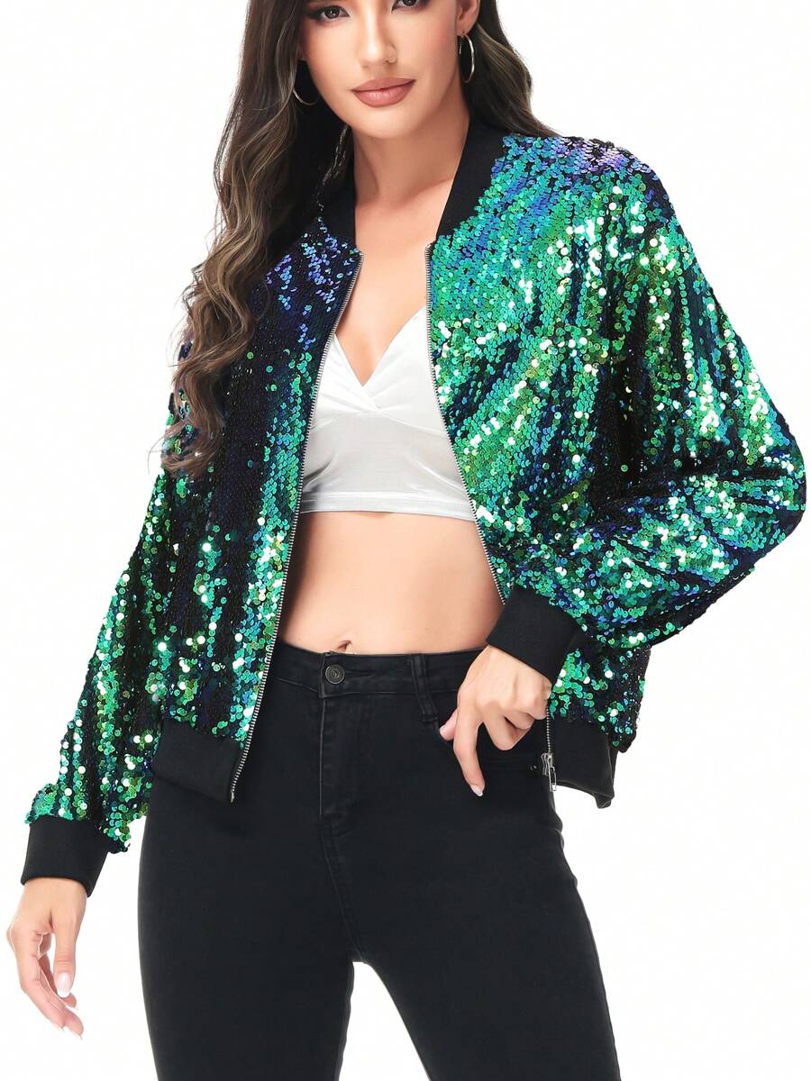 Womens Sequin Long Sleeve Front Zip Jacket With Ribbed Cuffs Bomber For Party - Green - View 1