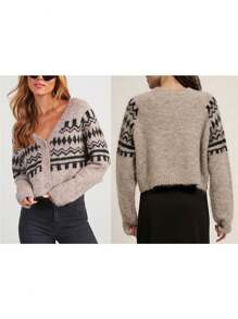 Women's Cardigan Sweater Geometric Print V Neck Long Sleeve Button Down Knit Tops Loose Outerwear For Winter Fall