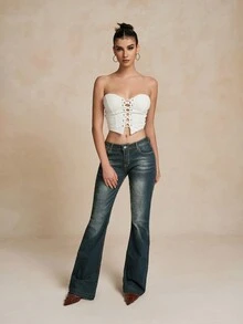 Women's Casual Low-Waist Flared Denim Jeans With Pockets