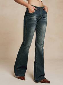 Women's Casual Low-Waist Flared Denim Jeans With Pockets