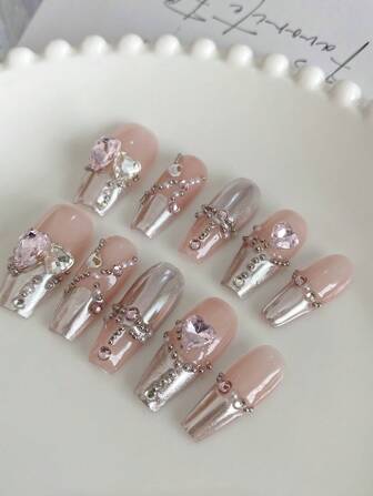 10Pcs Long Coffin Shaped Handmade Delicate Nail Wraps With Gentle Pearl Heart Rhinestones, French Style Petite Pearl Chain Nail Tip Cover Set, Suitable For Bride Wedding, Party, Daily Wear, Comes With 1Pc Nail Gel And 1Pc Nail Pusher Press On Nails Nail Supplies Nails