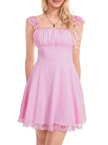Womens Vintage A-Line Dress, Short Sleeve Ruched Bust Solid Color Flowy Mini Dress - Pink - View 3