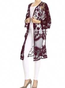 Floral Crochet Lace Cardigan For Women Beach Cover Ups Dress Kimono - 酒紅色 - 查看 4