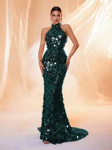 深绿色无袖露背亮片长款晚礼服、宴会礼服、婚礼宾客礼服、正式礼服、晚礼服