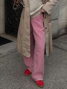 Women Wide Leg Pants Casual Loose Elastic Plaid Trousers With Pockets For Work Office Streetwear