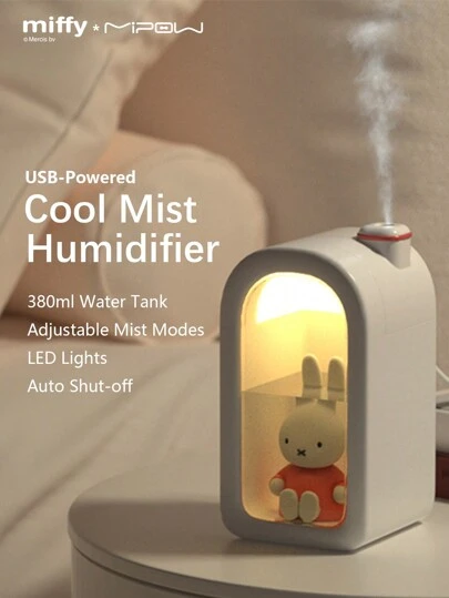 MIPOW 380毫升大容量水箱加湿器，50毫升/小时雾量输出，两种工作模式：间歇喷雾（3秒开/3秒关）和持续喷雾。低水位时自动断电。