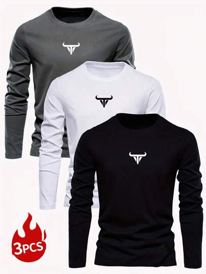 3 件装男士休闲日常字母印花长袖 T 恤，秋季