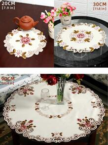 1pc Round Dining Table Cloth With European Rural Style Yellow Polyester Fabric & Multicolor Embroidery Hollow Out Lace Trim Decor For Round Table, Home Dining Decor