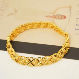 1 pieza Pulsera de cobre para mujer chapada en oro de 24k con trébol de cuatro hojas, pulsera de estilo de joyería de lujo de Dubai, adecuada para la boda, fiestas y uso diario, regalo