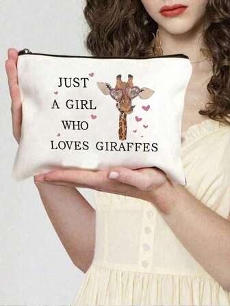 1pc Funny Giraffe Design Zipper Cosmetic Bag, Made Of Polyester, Travel Makeup Pouch, Multi-Functional Toiletry Organizer, Gift For Friends, Storage Bag