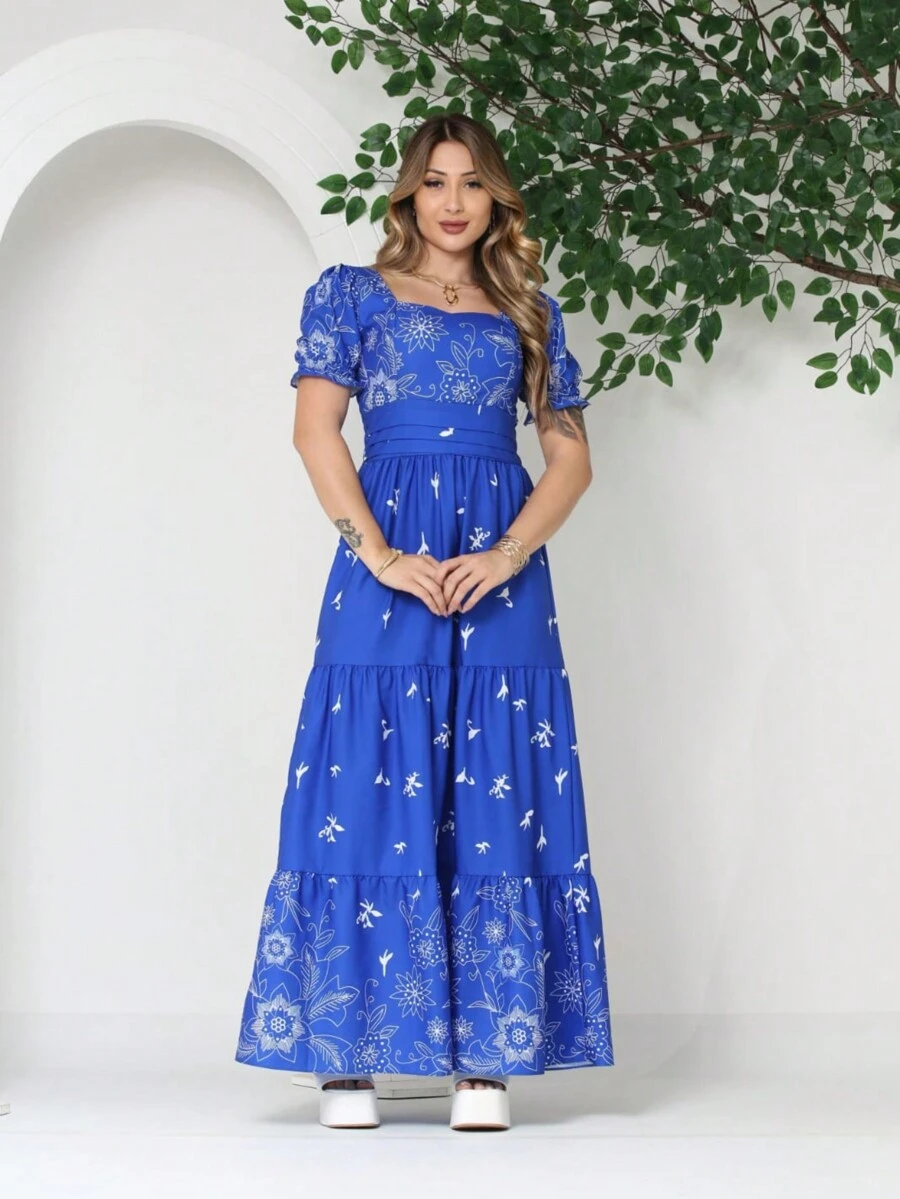 Women's Long Dress With Short Sleeves And Print - Royal Blue - View 1