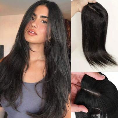 女士直发假发，无刘海，12 英寸女士假发，无刘海，顶部接发，假发片，适用于稀疏头发