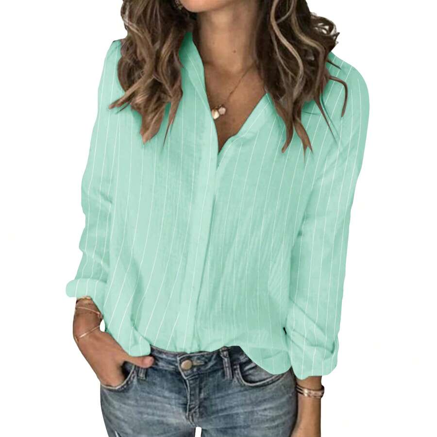 Womens Long Sleeve Button Down Cotton Linen Shirt Blouse Loose Fit Casual V-Neck Tops - màu xanh lá - Xem 1