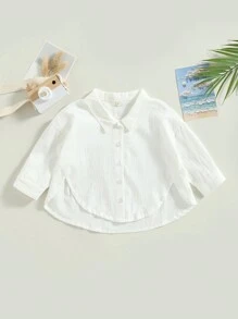 Tops de verano para niños pequeños y bebés, camisas de manga corta con cuello de solapa y botones de color liso - Beis - Ver 1