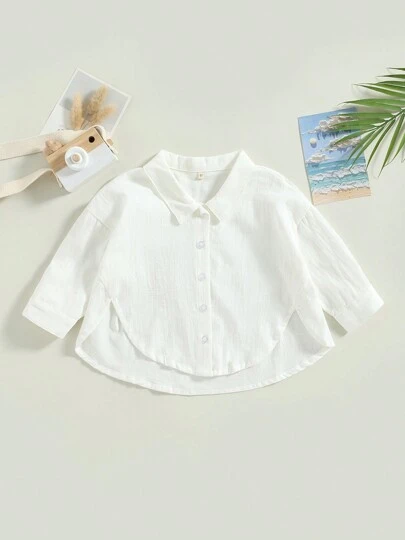 Tops de verano para niños pequeños y bebés, camisas de manga corta con cuello de solapa y botones de color liso