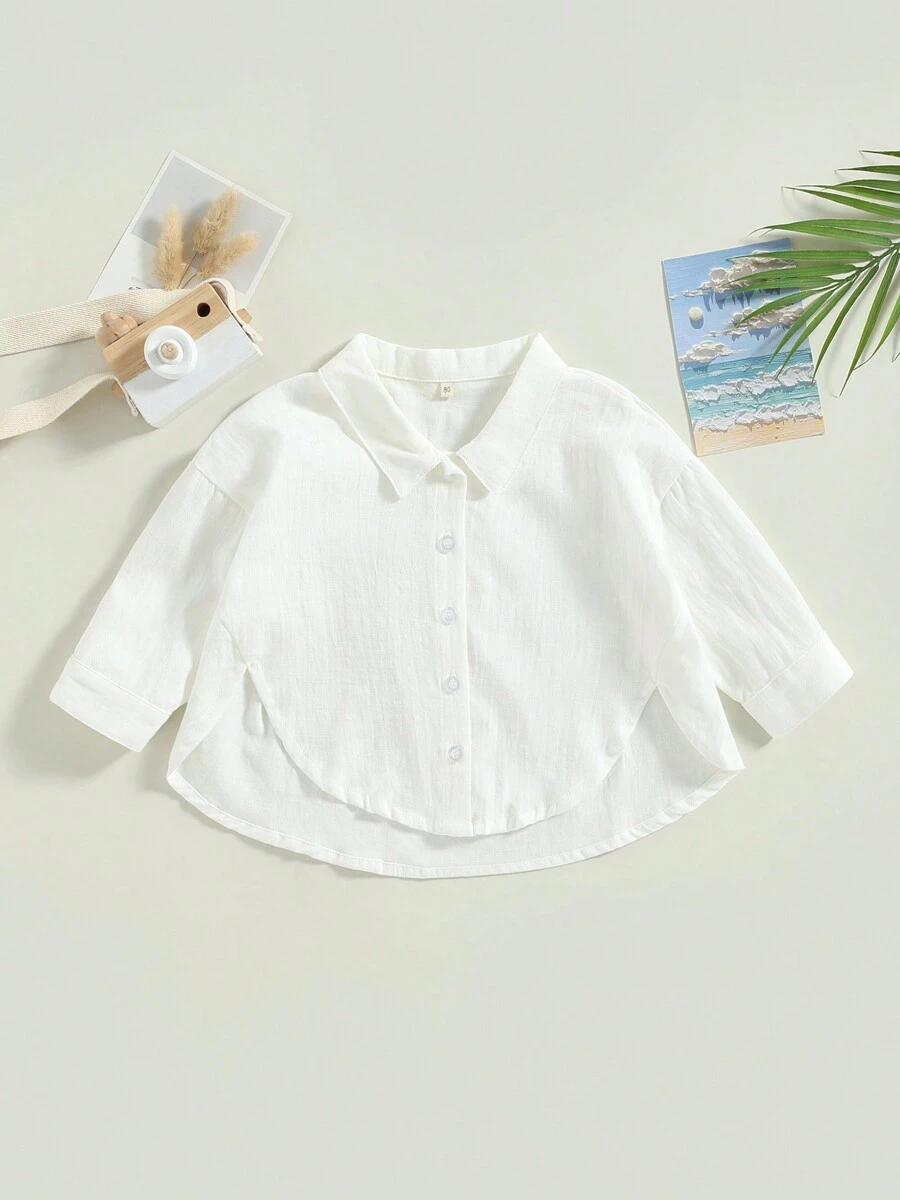 Tops de verano para niños pequeños y bebés, camisas de manga corta con cuello de solapa y botones de color liso - Beis - Ver 1
