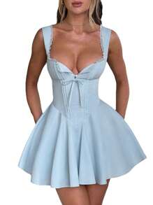 Women's Mini Corset Dress A-Line Deep V Neck Backless Ruffle Hem Sleeveless Dress For Party Club - 藍色 - 查看 1
