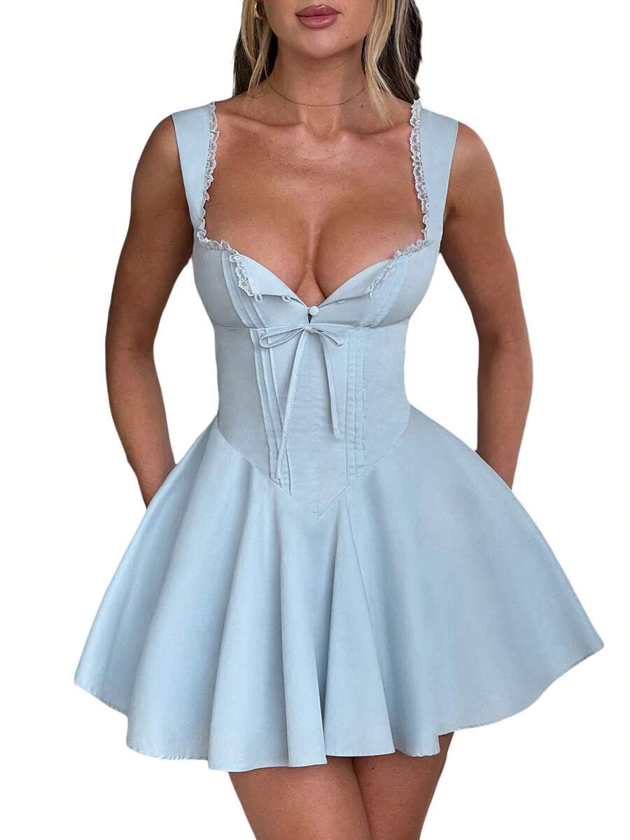 Women's Mini Corset Dress A-Line Deep V Neck Backless Ruffle Hem Sleeveless Dress For Party Club - 藍色 - 查看 1