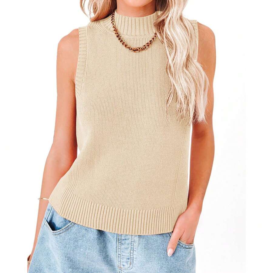 Women Summer Knit Tank Tops Sleeveless Turtleneck Cami Shirts Ribbed Mock Neck Pullover Sweater Vests - Beige - View 1