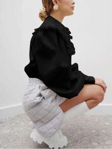 Women's Elegant Solid Color Ruffle Collar Long Sleeve Blouse, Suitable For Dates, Parties, Business, Casual, Valentine's Day - Black - View 11