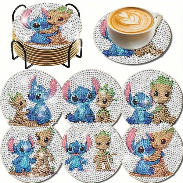 6 pezzi, sottobicchieri con portabicchieri, decorazione per la casa e la cucina, raffiguranti Stitch e Groot, realizzati in mosaico di diamanti, antiscivolo, pad isolanti per tavoli, regalo artigianale