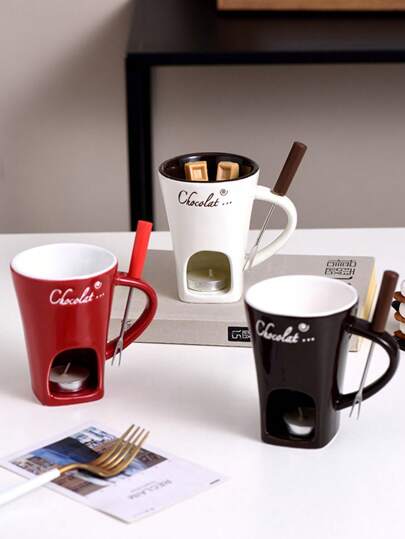 1 Set de Olla de Cerámica para Derretir Chocolate, Calentador de Queso, Olla de Fondue de Chocolate con Tenedor, Decoración de Cocina y Hogar, Apto para Bebidas Frías, Café, Tazas, Bebidas, Exterior, Picnic, Fiesta, Regalo de Cumpleaños