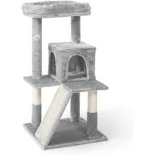 Cats Kittens Tower With Large Modern Widened Perch, Cute 37-Inch Indoor Multi-Level Cat Activity Tree Scratching Posts, Small Ramp, 2-Door Cave Condo For - Light Grey - View 1