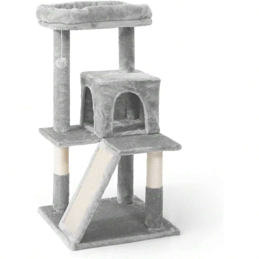 Cats Kittens Tower With Large Modern Widened Perch, Cute 37-Inch Indoor Multi-Level Cat Activity Tree Scratching Posts, Small Ramp, 2-Door Cave Condo For - Light Grey - View 1