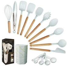 12件套,木柄硅胶厨具套装,厨房烘焙烹饪工具套装耐高温不粘锅专用厨具,厨房用品烘焙用品 - 彩色 - 查看 2