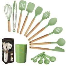 12件套,木柄硅胶厨具套装,厨房烘焙烹饪工具套装耐高温不粘锅专用厨具,厨房用品烘焙用品 - 彩色 - 查看 3